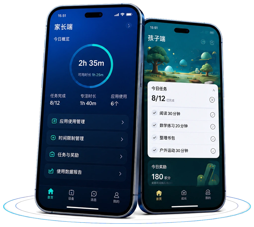 家长端与孩子端应用界面示意